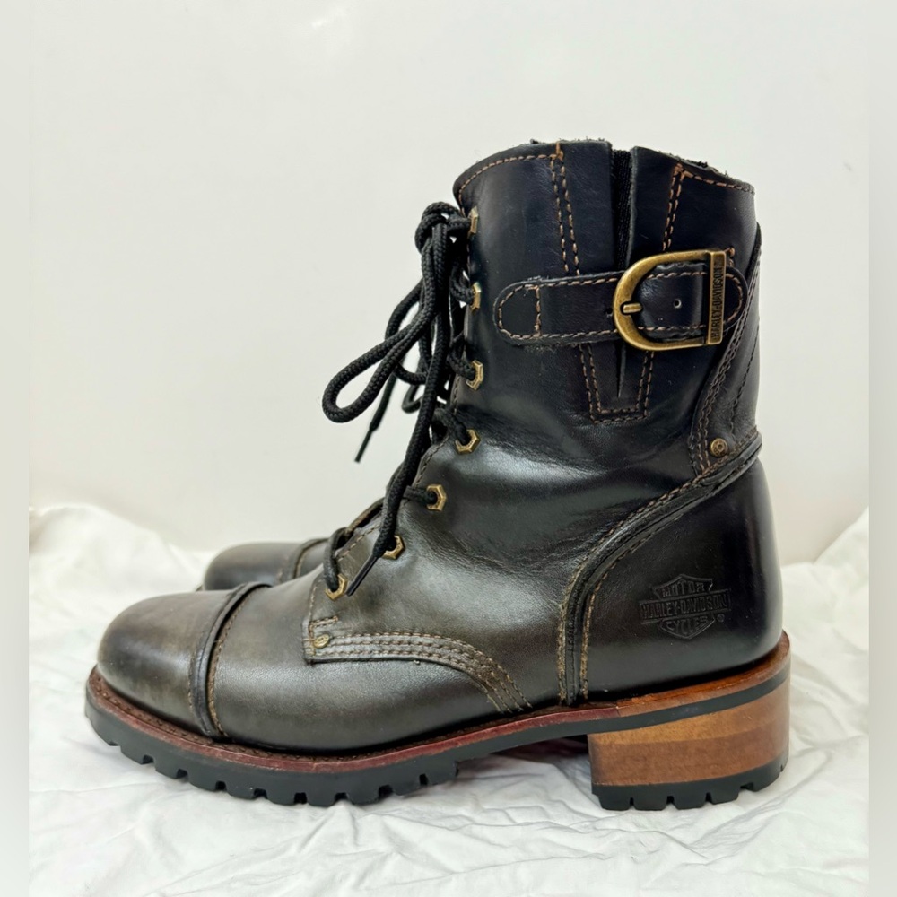 Harley Davidson Leather Boots Black Lace‎ Up Biker Lug Sole Buckle US 7